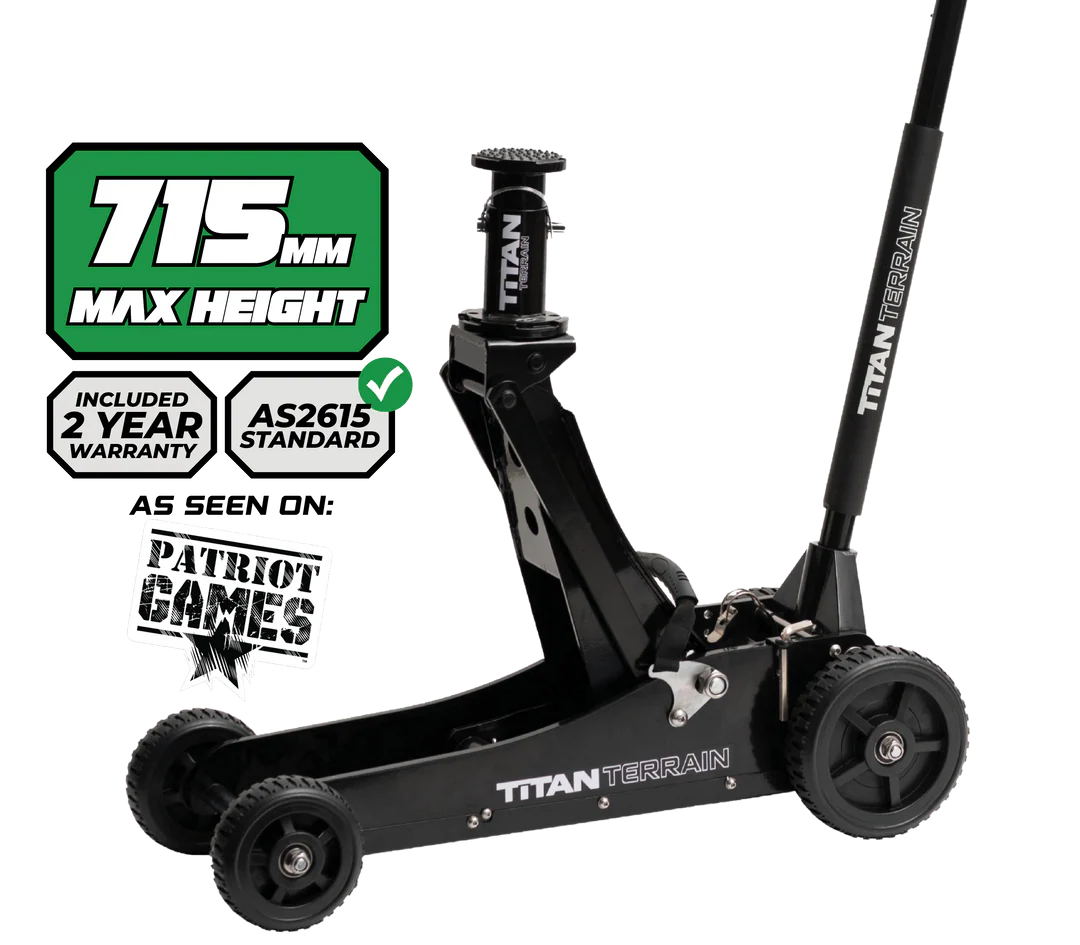 Black floor jack with Titan Terrain branding and product specifications on a white background