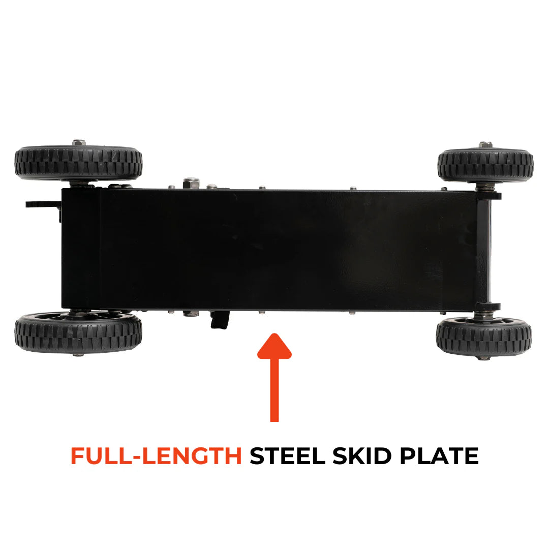 Full-length steel skid plate with wheels on a white background