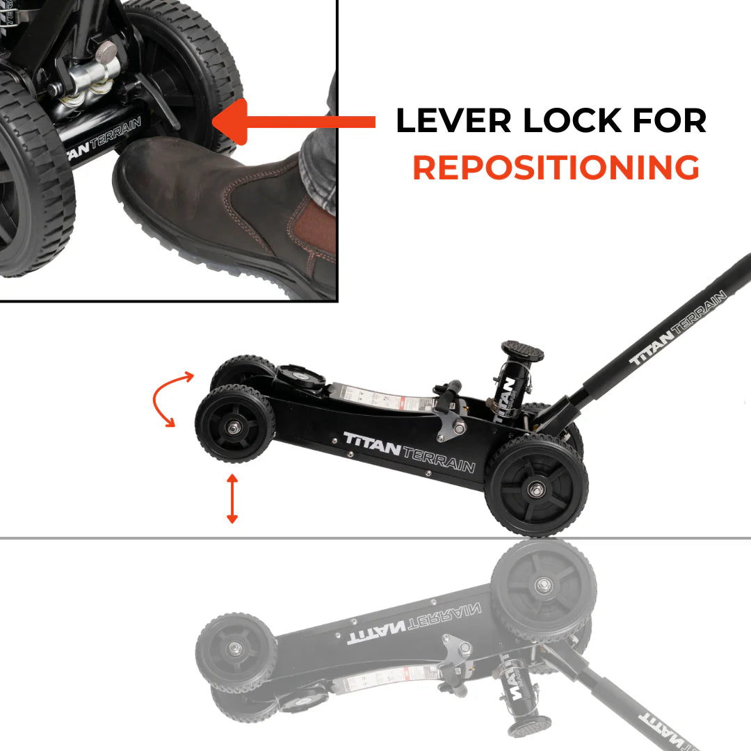Titan floor jack with lever lock feature on a white background