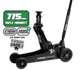 Black floor jack with Titan Terrain branding and product specifications on a white background