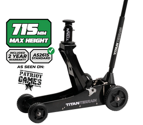 Black floor jack with Titan Terrain branding and product specifications on a white background